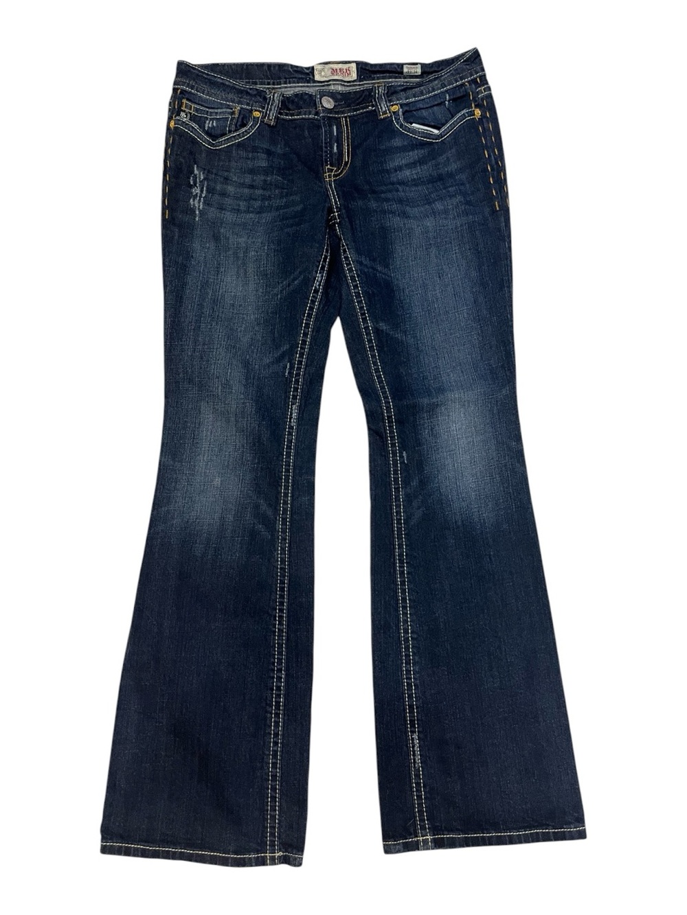 MEK Denim Brand Dark Indigo Flare Jeans with Contrast Stitching